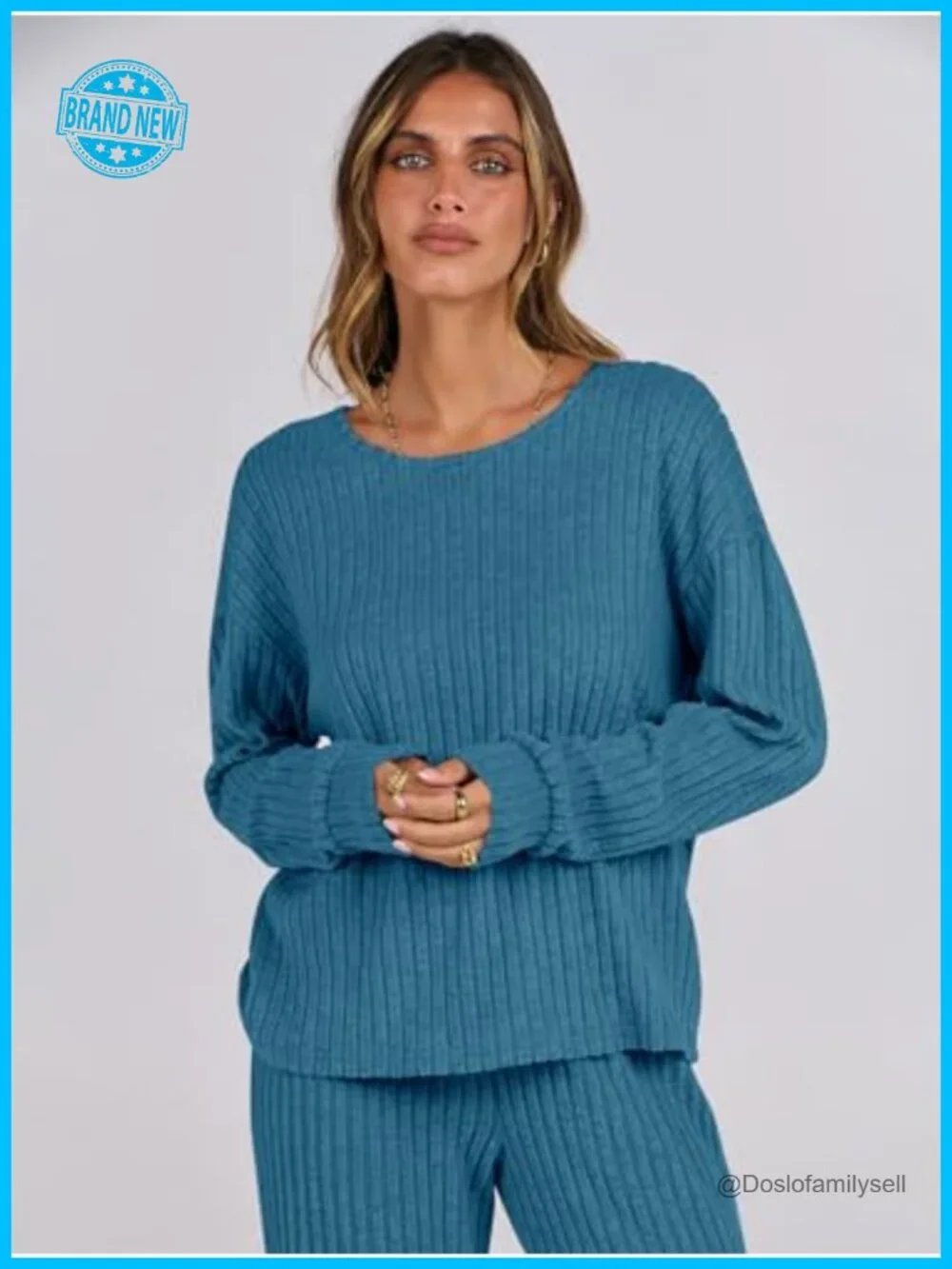 Women's Ribbed Knit Lounge Pajama Set Long Sleeve Top Pants Matching Set